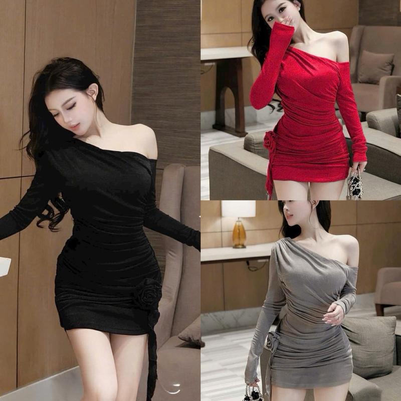 Đầm Body Thiết Kế Trễ Vai Lệch Hoạ Tiết Bông Gắn Bên Eo Sang Chảnh Dành Cho Nàng Đi Tiệc Women Nữ Dress-K8