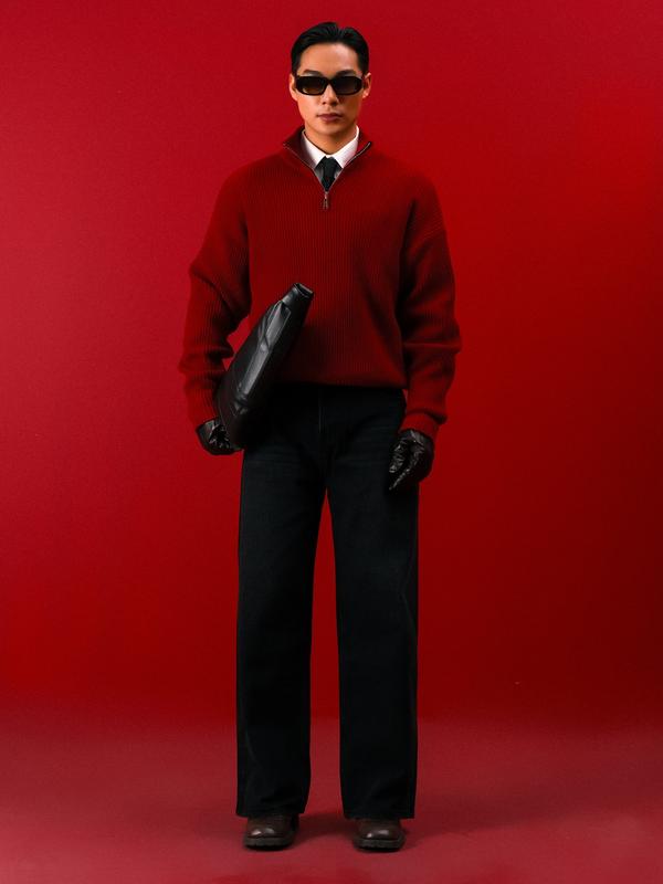 Áo len Nam Cổ Tròn, Cổ zip chất liệu len Dệt dày dặn, form crop tôn dáng, thương hiệu B Brown Menswear Wool Sweater