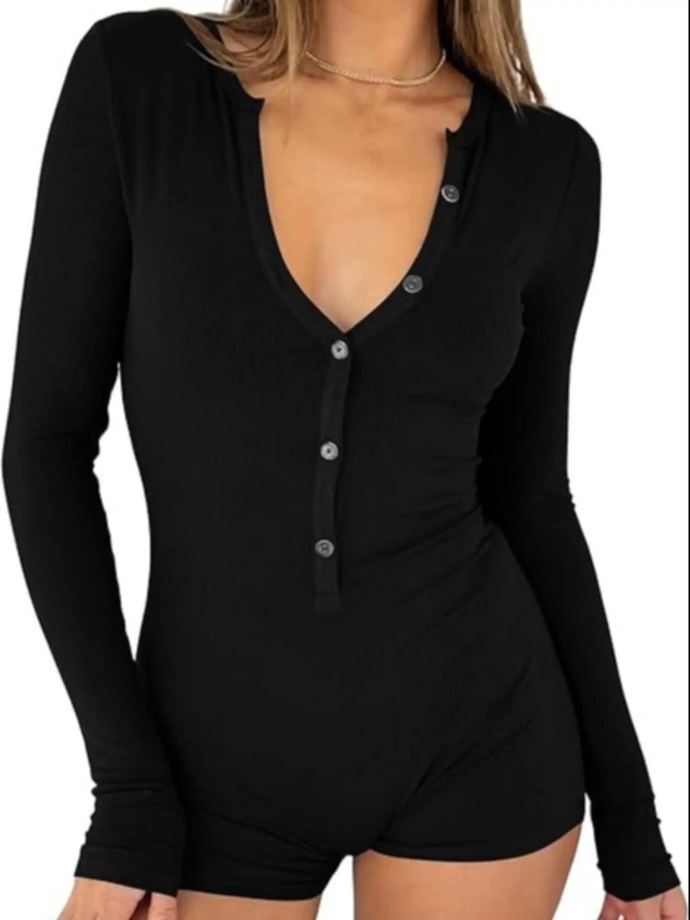 Women's Solid Button Long Sleeve Romper, Casual Comfy Romper for Spring & Fall, Ladies Clothes for Daily Wear