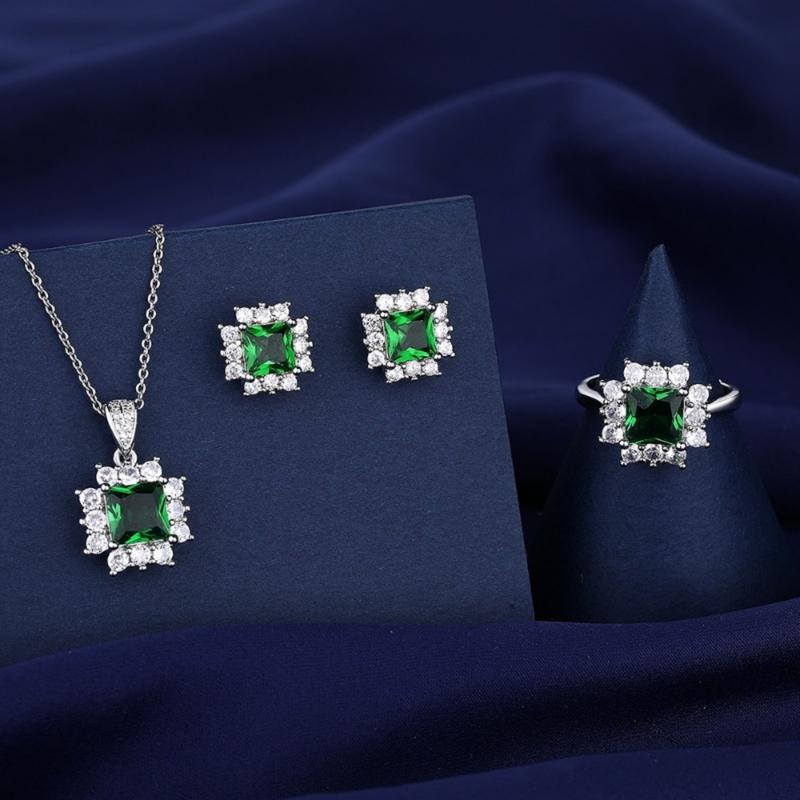 Product Introduction of [with Gra Certificate] Fashion Emerald Jewelry Set Green Ring Necklace Ear Stud 24