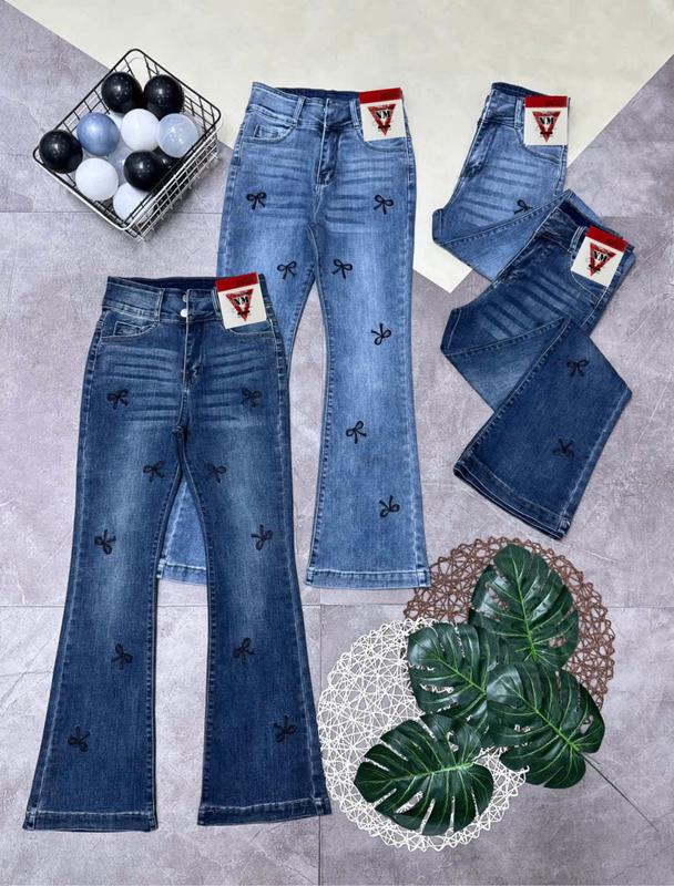 NM Jeans- Quần jeans nữ ống loe douyin 2 nút lưng cao thêu nơ full thân 2 màu 40-70kg Women Pants Denim Women Pants loe  đính