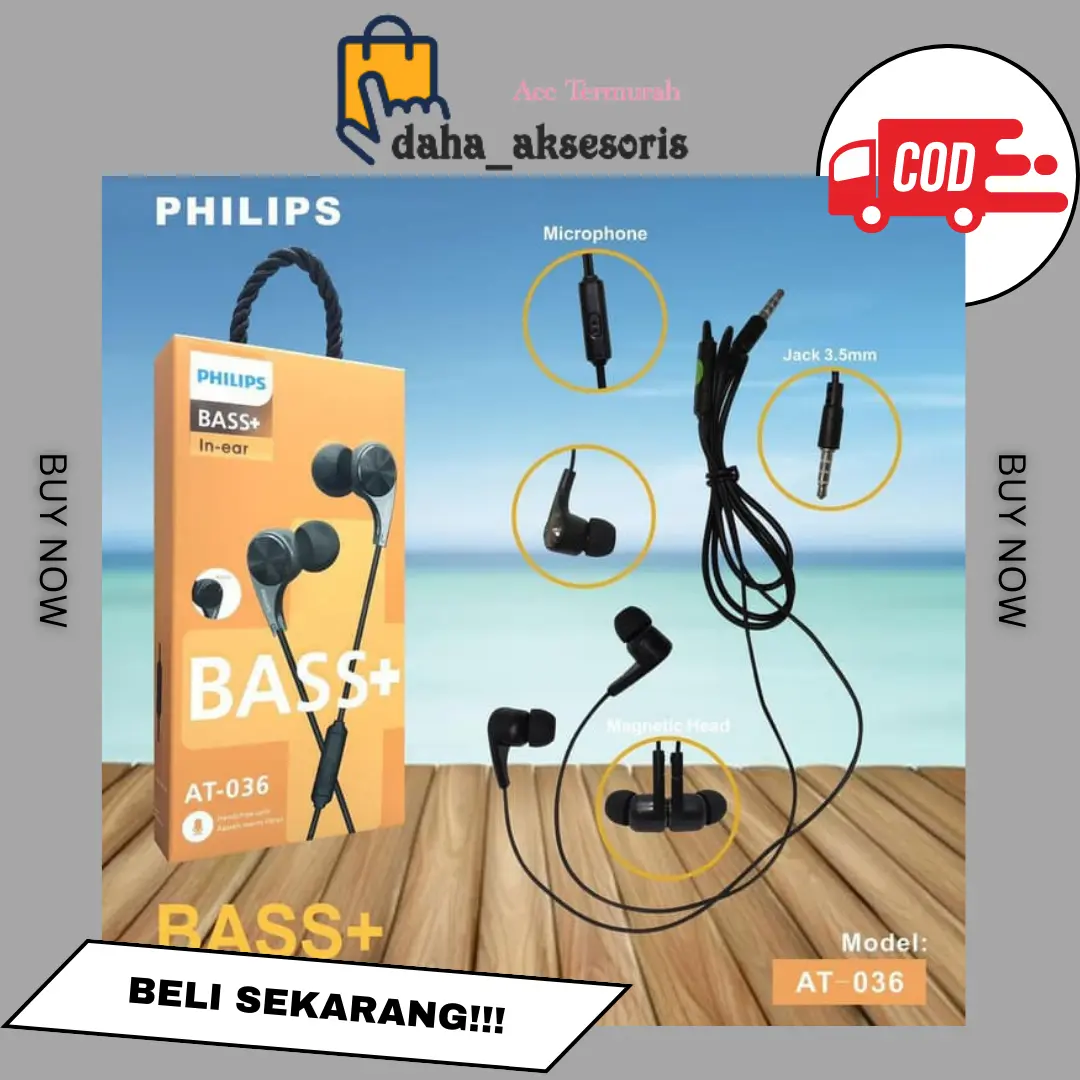 Headset Earphone Philips Bass+ AT036 With Mic Kabel