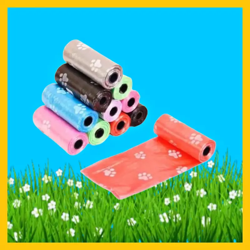 Kantong sampah 1 roll/15 pcs Poop Bag Motif Plastik Sampah Persediaan Hewan Peliharaan Warna Warni praktis 3