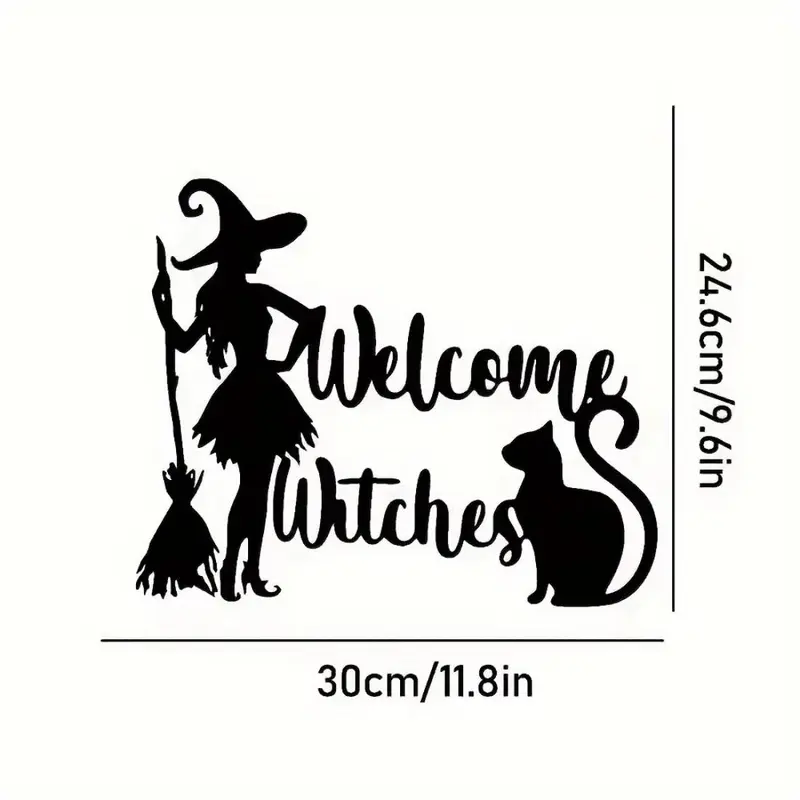 Halloween Themed Wall Art Decor, Witch & Cat & Broomstick Welcome Sign, Festive Hanging Home Decor & Holiday Door Plaque 1
