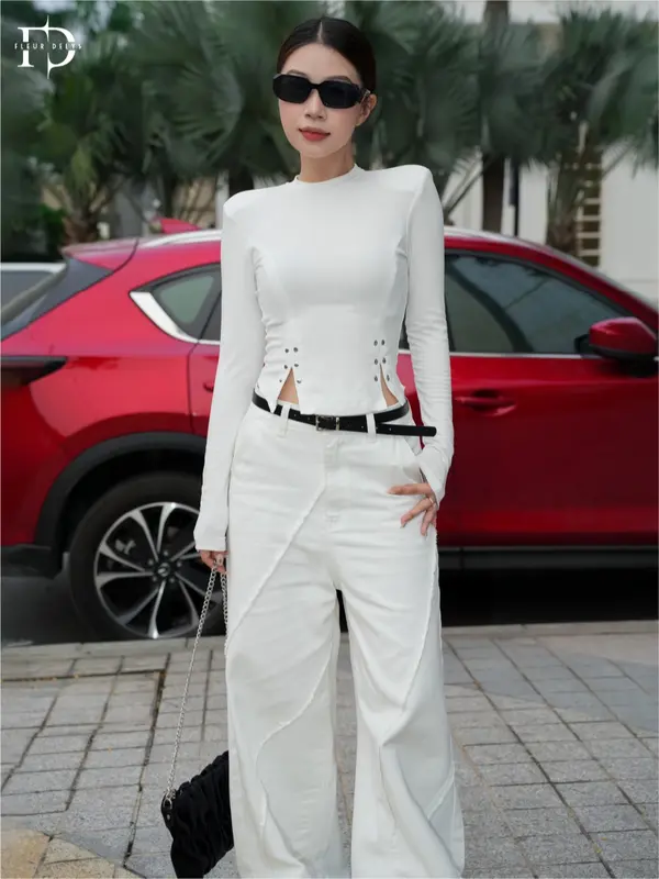 Quần Jean Nữ Trắng Viền Tua Chéo Delys DLQJ115 4