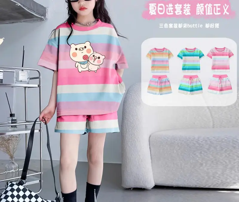 Bộ cộc tay bé gái mùa hè mẫu 7 sắc cầu vồng sz 9-45kg chất liệu tixi mềm mát 2