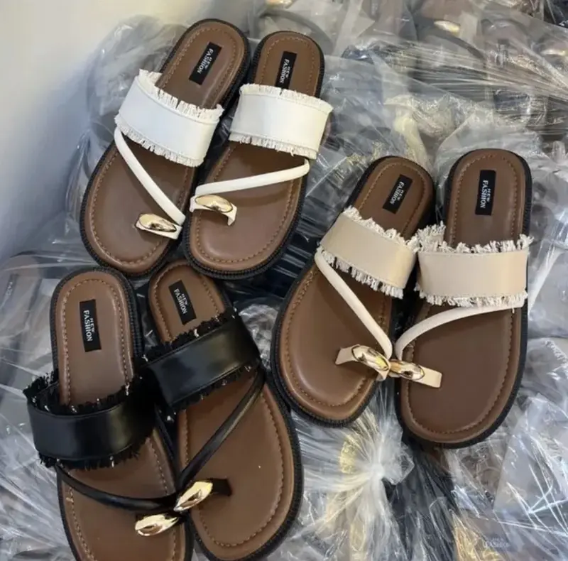 Dép nữ xỏ ngón đính khuy quai ngang tua rua thời trang Nhung DéP Shoes Jean Đế Bằng 1