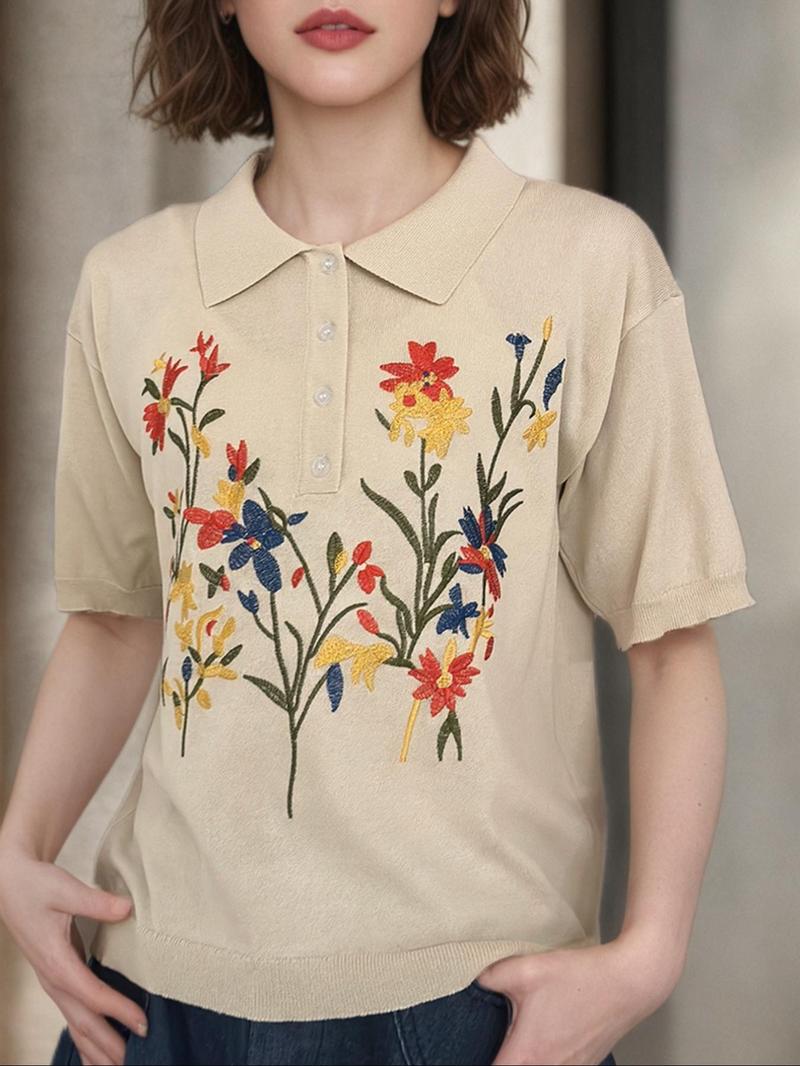 Product Introduction of Women's Floral Embroidery Curved Hem Short Sleeve Tee, Elegant Casual Crew Neck T-shirt for Summer, Fashion Women's Top for Daily Wear 1