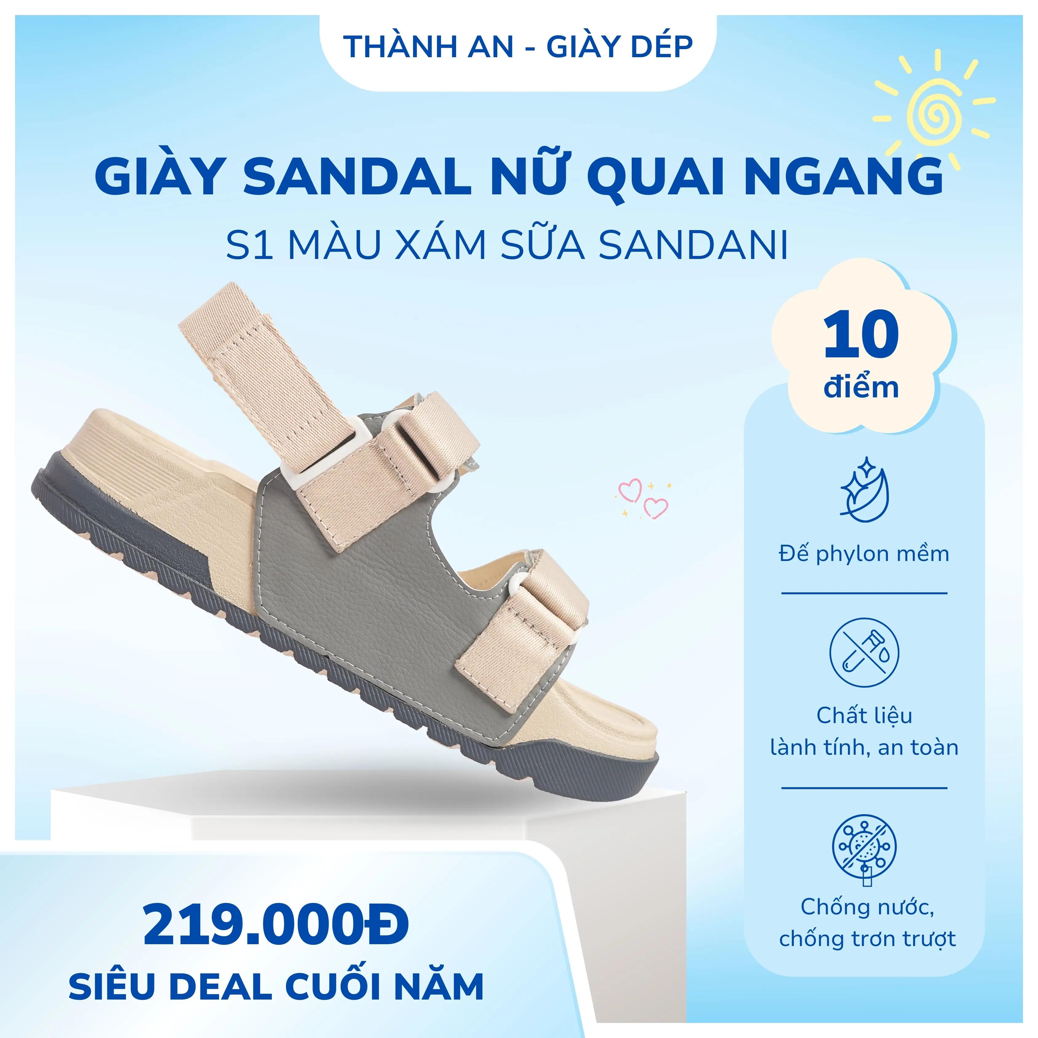 Dép Sandal Nữ Sandani Xám Sữa S1 - Đế Phylon Nhẹ Êm, Quai Dù Bền, Đi Học Đi Chơi - Cao Su, DéP sandal  nữ