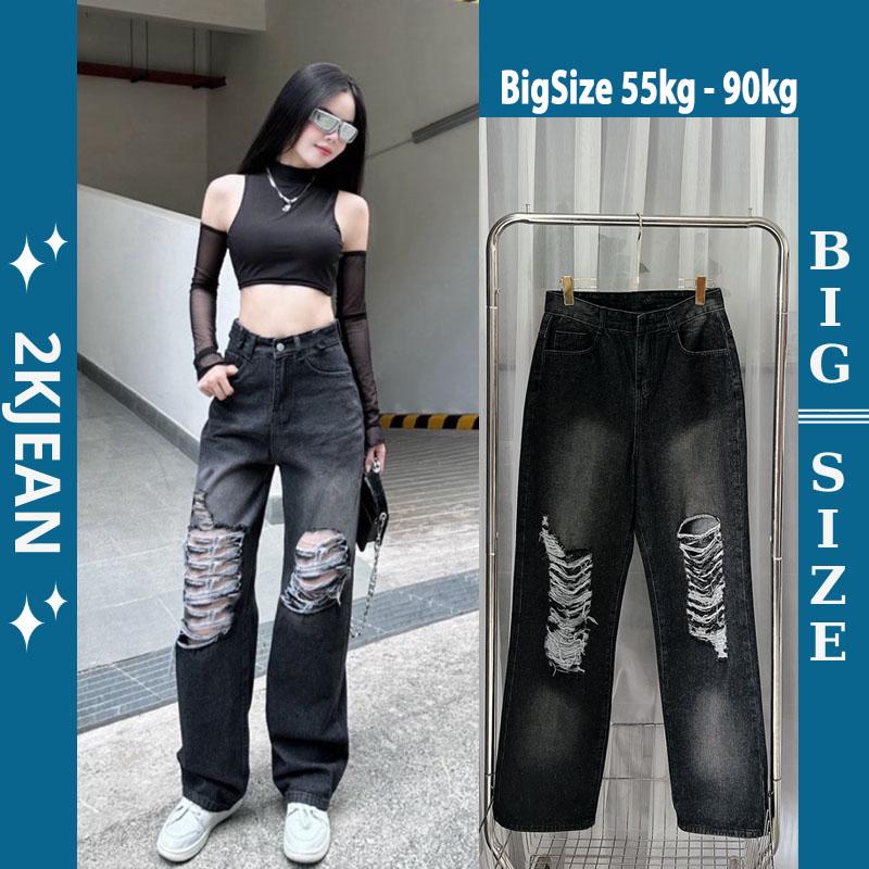 Quần ống suông rộng rách jean nữ Bigsize 58kg-90kg kiểu dáng rách đùi quần bò nữ ống rộng dáng xuông MS220 2KJeans