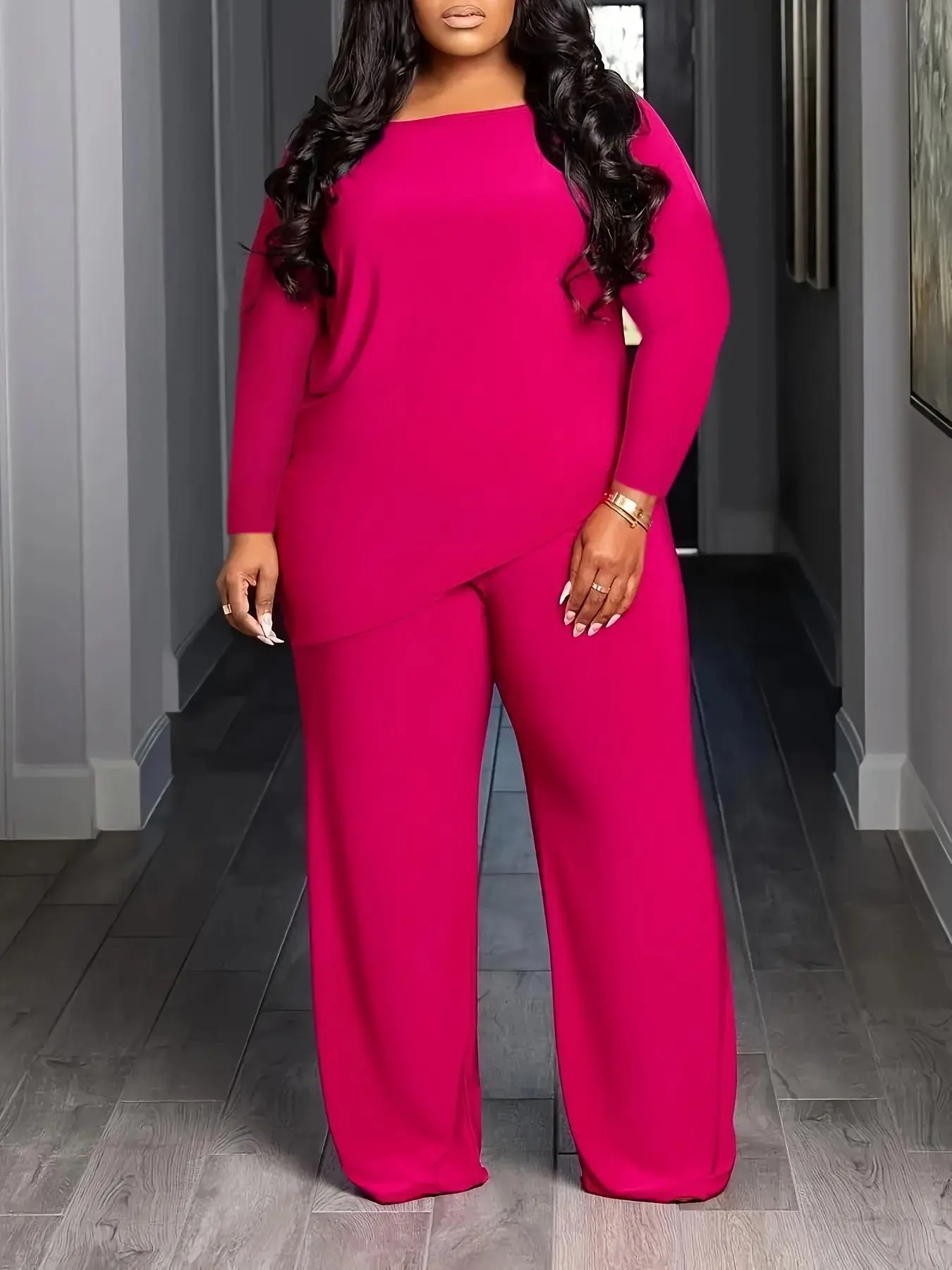 【Plus Size】 Two-piece Set Solid Asymmetrical Neck Top & Wide Leg Pants, Casual Fashion Cozy Drop Shoulder Top & Trousers for Daily Outdoor Lounge Wear, Women's Two-piece Outfits for Fall & Winter