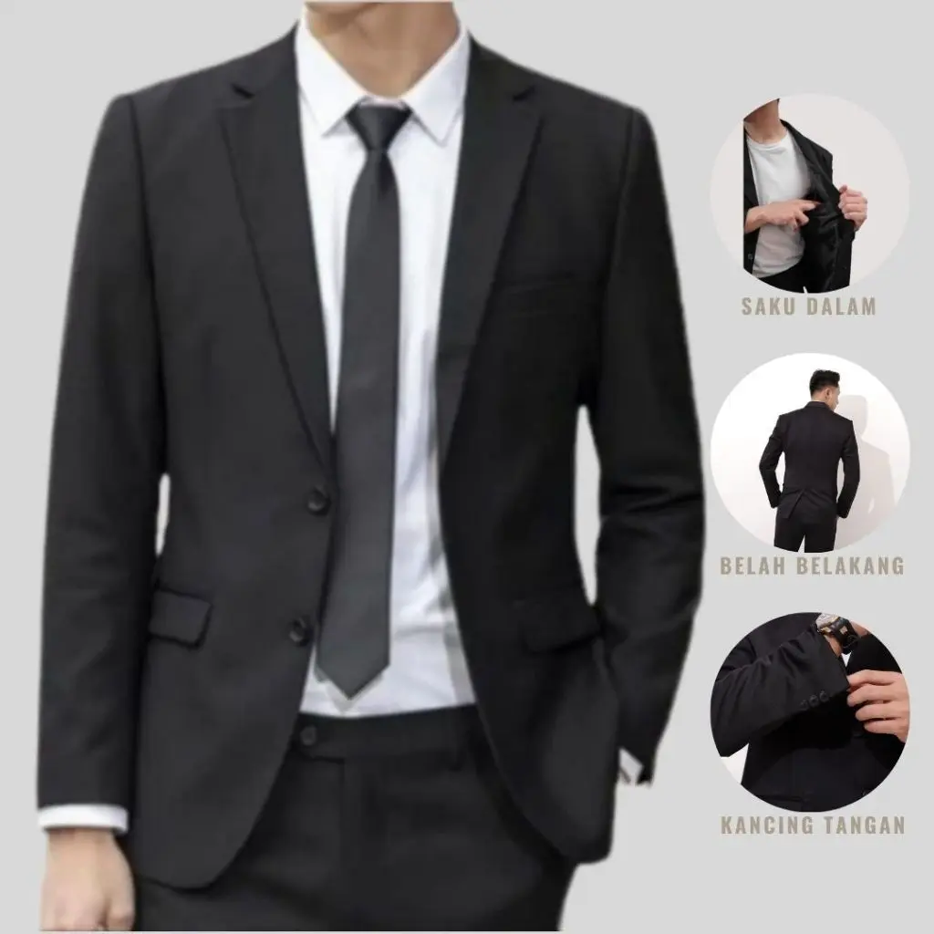 Jas Pria Hitam Buat Wisuda Nikah Kondangan Blazer Formal Slimfit Kerja Kantor Bahan Semiwool