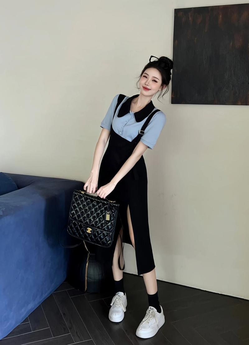 Product Introduction of 2024 Summer New Fashion Simple plus Size Women's Clothing Slim Fake Two Pieces Dress Short Sleeve Mid-Length Black Dress Casual Womenswear 10