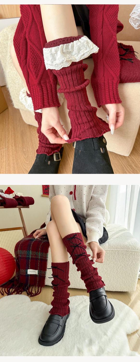 Product Introduction of Foot Sock Women's Autumn and Winter Red Leg Warmer Lolita Korean Lace New Year's Week Red Ballet Style JK Calf Socks 10