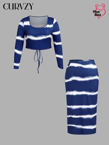 CURVZY Plus Size Autumn Aesthetic Two-Piece Set Patchwork Print Tie Front Crop Tee & Elastic Waist Pocket Skirt Set, Casual Scoop Neck Long Sleeve T-Shirt & Split Hem Skirt, Women's Two-Piece Outfits for Fall