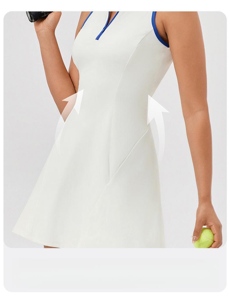 Product Introduction of European and American Lapel One-Piece Tennis Skirt Women's Quick-Drying Breathable Waist-Tight Contrast Color Sports Leisure Fitness Dress 3