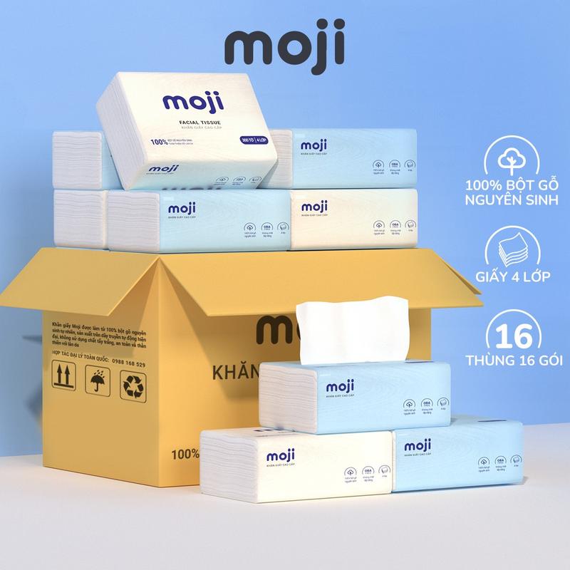 Thùng giấy ăn gấu trúc MOJI, 16 gói khăn giấy ăn cao cấp 4 lớp dai, mịn, 100% bột gỗ nguyên sinh không chất tẩy trắng