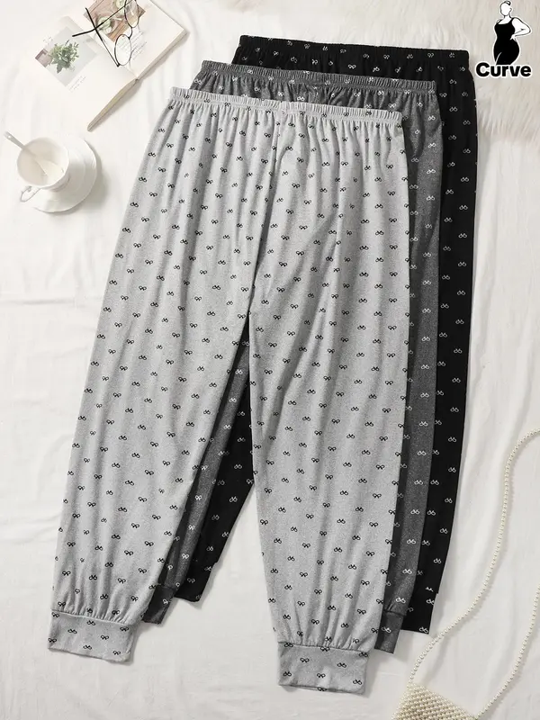 Plus Size Women's  All Over Bow Print Knot Front Elastic Waist Pajama Pants, Loose Casual Comfy Breathable Jogger Pants for Daily Home Wear, Women's Sleepwear for All Seasons 1