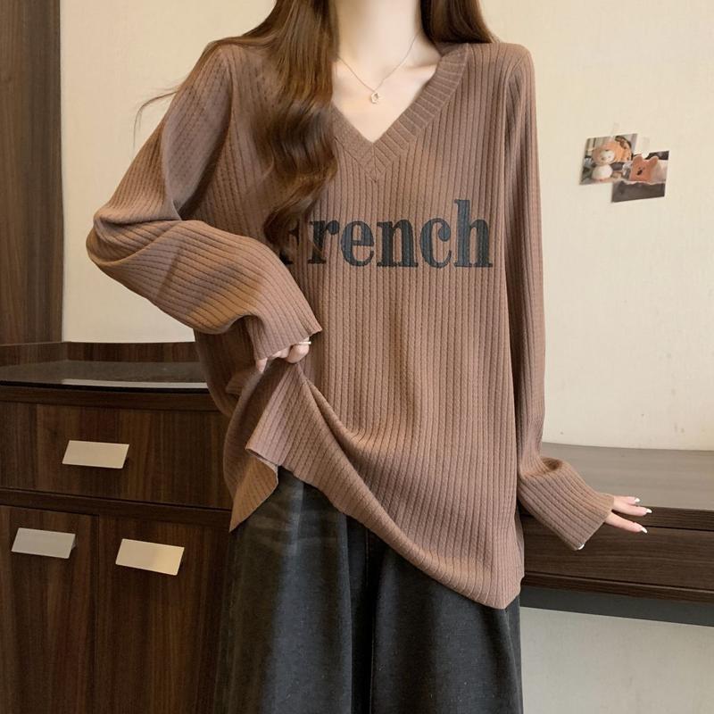 Product Introduction of Áo Thun Dài Tay Dáng Rộng Cổ Chữ V, Cỡ Lớn, Phong Cách Lười Biếng, Quần Áo Nữ, Phong Cách Mới Đầu Thu, Che Thịt, Dễ Phối Đồ, Áo Thường Ngày Dài Trung Bình Thời Trang 14