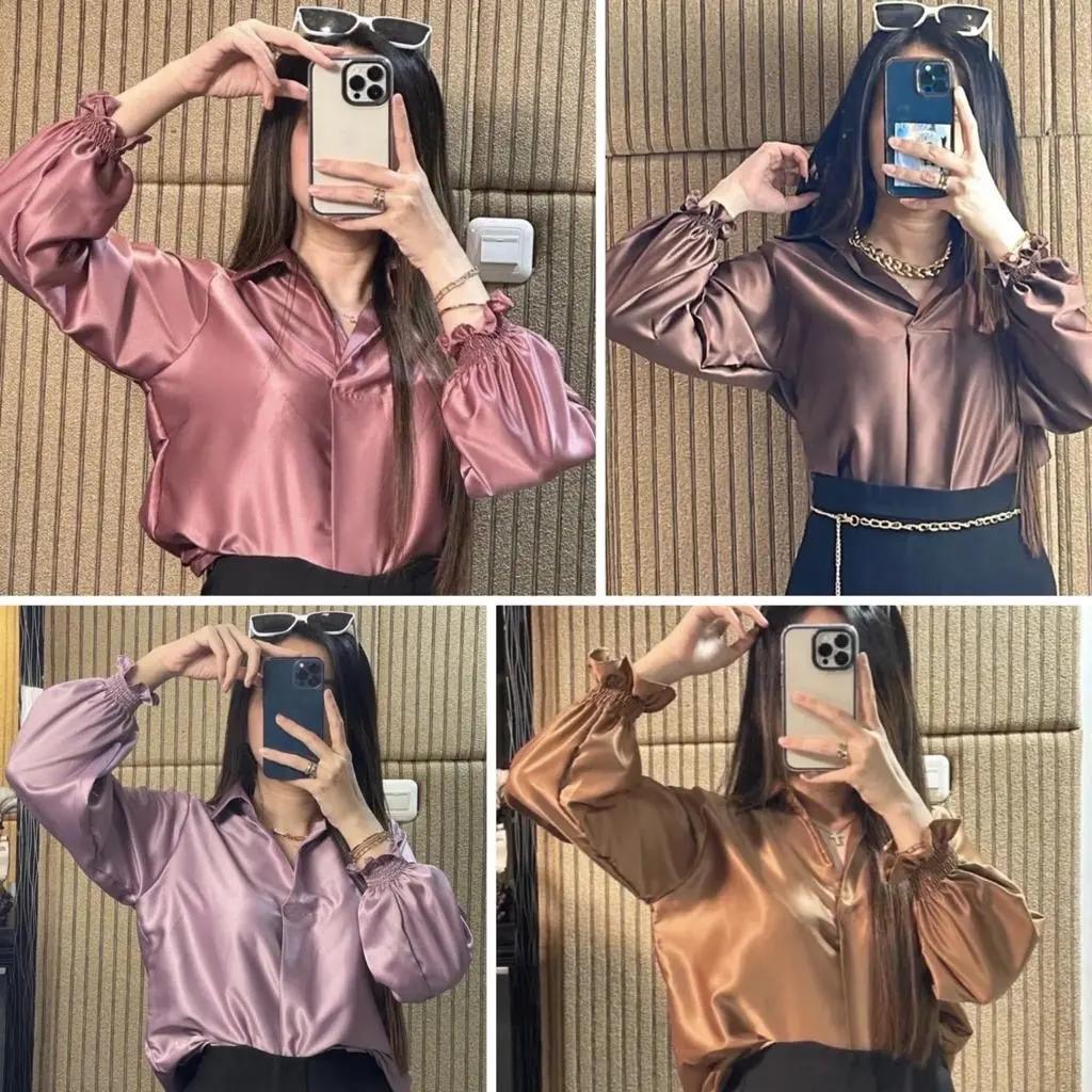 Kemeja Satin Blouse Satin Ruby Top Satin Satin Kara Butik Baju Wanita Panjang