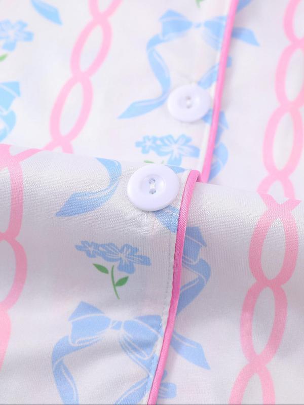 Women's Bowknot Print Lapel Neck Top & Elastic Waist Shorts Pyjama Two-piece Set, Casual Comfy Short Sleeve Top & Shorts Pj Set, Ladies Summer Sleepwear, Loungewear, Pajamas 3