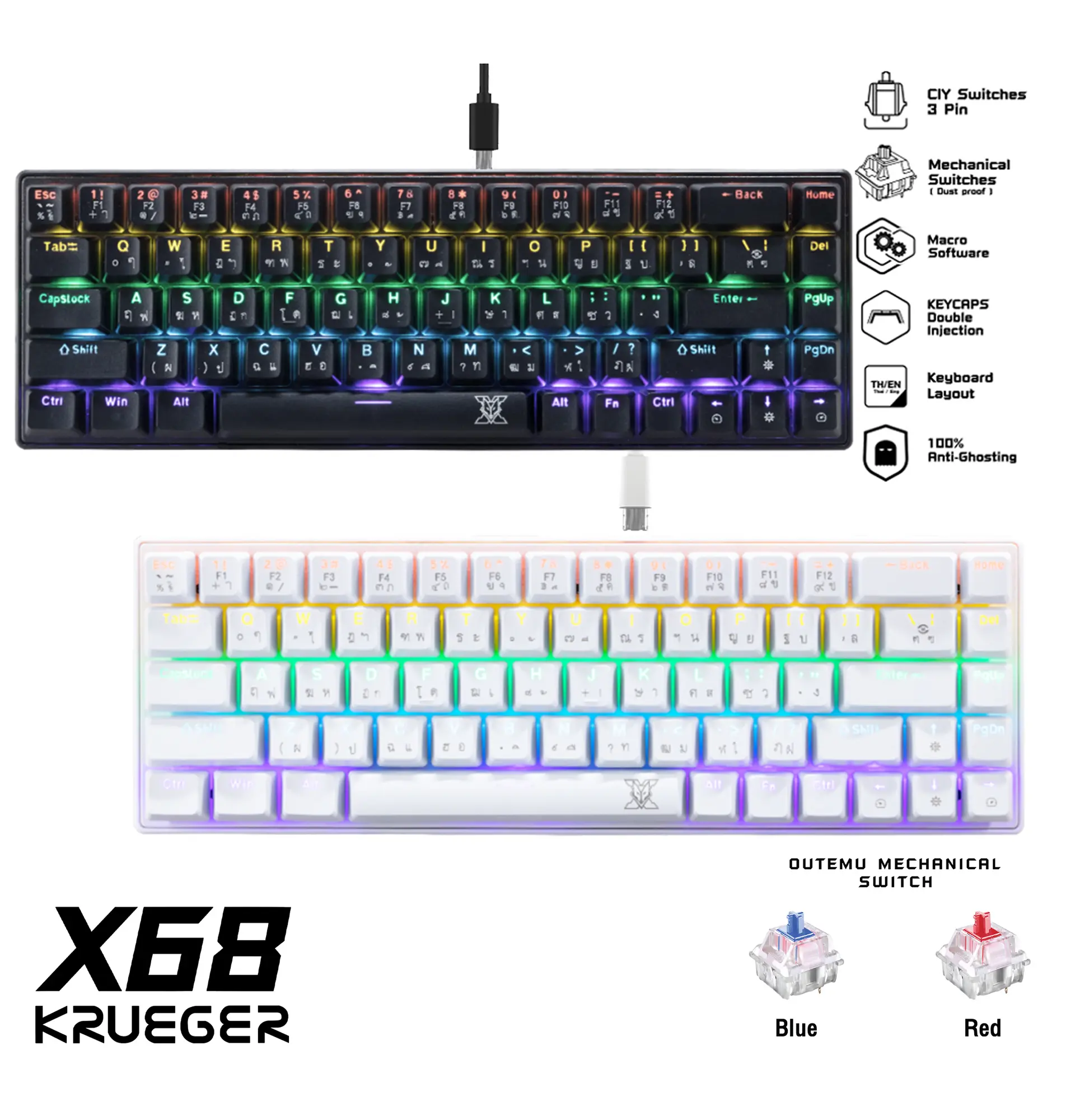 Nubwo X68 คีย์บอร์ดแมคคานิคอล65% CIY 3 Pinสวิตซ์ได้ (บลู/เรด)สวิตซ์ มีสาย