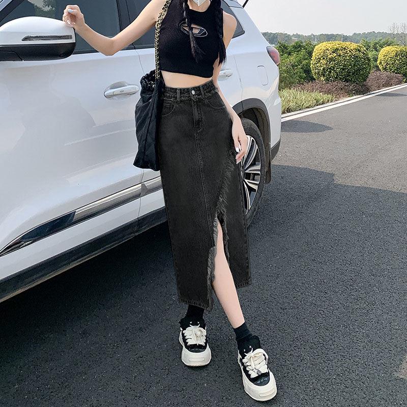 Split Denim Skirt Women's Summer New A- line High Waist Slimming Mid-Length Frayed Hot Girl Hip Skirt 3