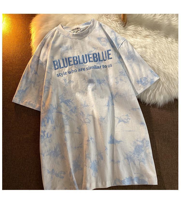 Product Introduction of Tie-Dye Top T-Shirt Embroidered Letters Couple Outfit Best Friend Outfit Short Sleeve T-Shirt Women Summer Loose Casual Top T-Shirt 7