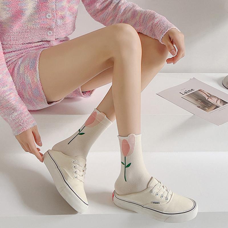 Product Introduction of Japanese Sweet Tulip Lovely Three-Dimensional Flowers Autumn Winter Socks South Korean Instagram Trend Literary Long Socks Woman Spring Womenswear 16