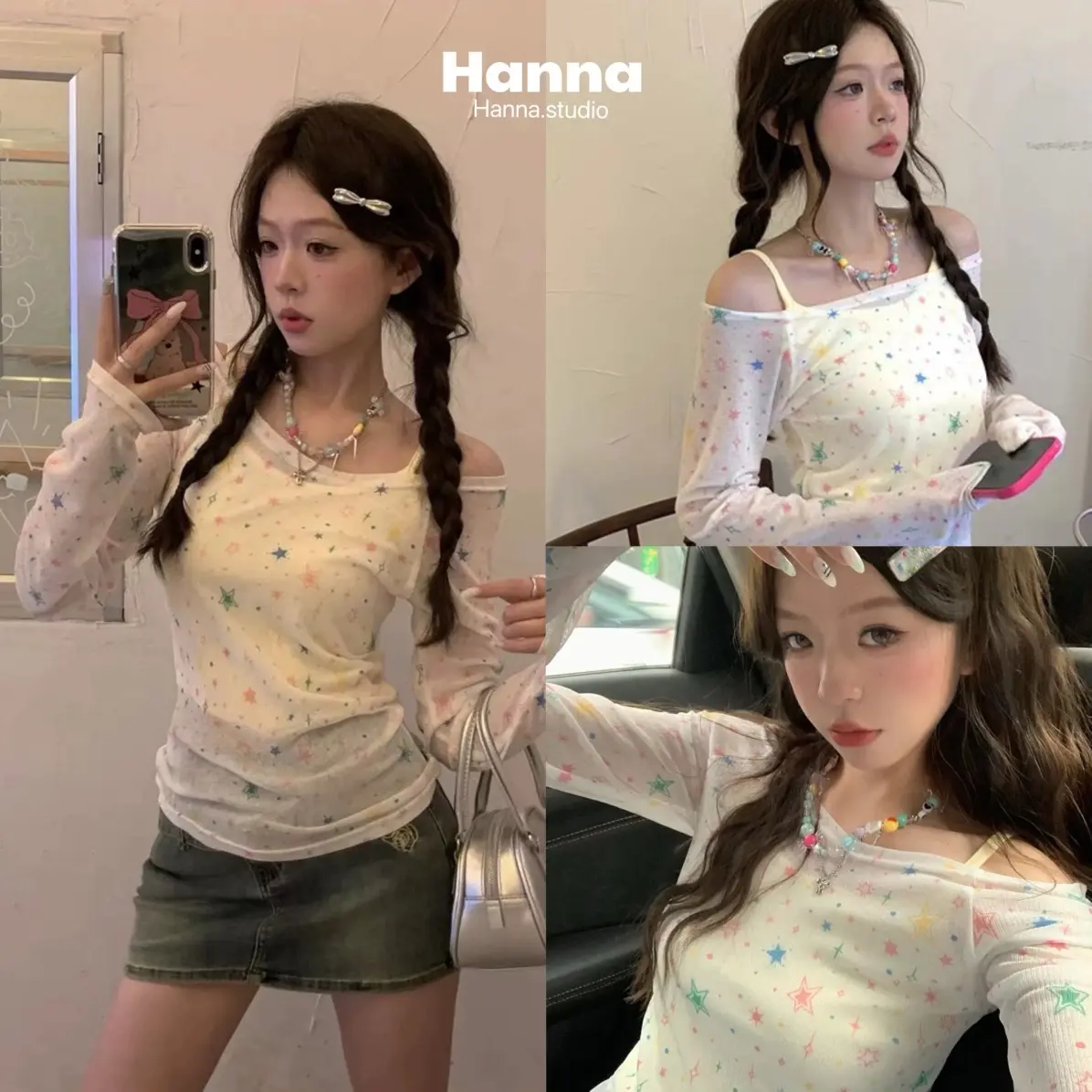 Set Áo Hai Mảnh voan lưới xuyên thấu in hình Ngôi Sao Top Women Nữ hàng mới về