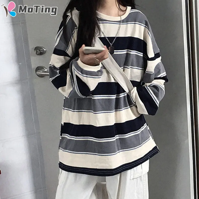 Mt - áo len dài tay nữ, phong cách Hàn Quốc, rộng rãi, dài trung bình, sọc
