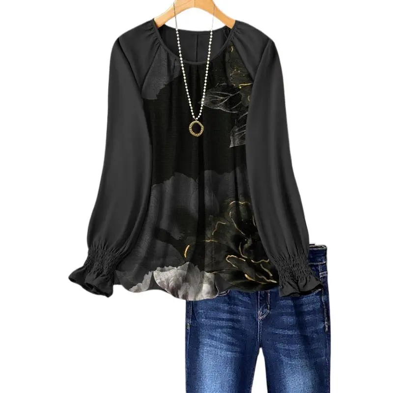 Unique Y2K Women's Round Neck Shirt Women's Loose Shirt Top Women's Casual Shirt Lantern Sleeve Blusas Drip Long Sleeve Women's Top Lantern Sleeve Womenswear Blouse Lingerie Floral