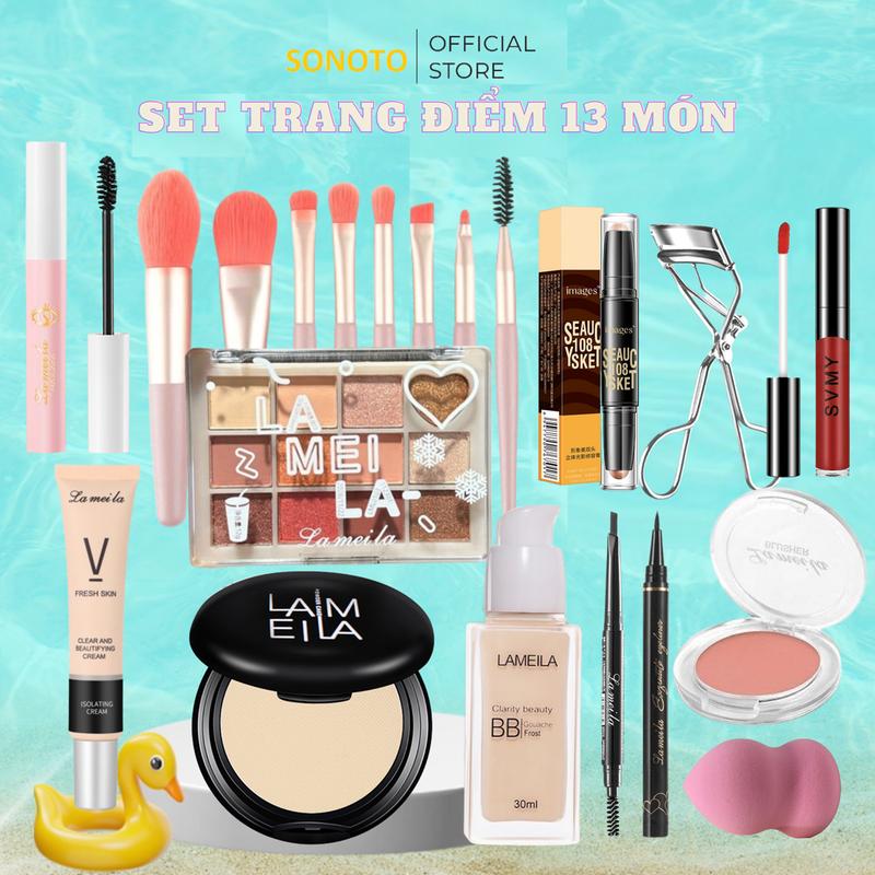 Bộ trang điểm 13 món mỹ phẩm đầy đủ dùng cho makeup cá nhân chuyên nghiệp cho nữ có son kem lỳ phấn phủ kiềm dầu kem lót chính hãng Lameila - SONOTO bộ makeup hề xịn