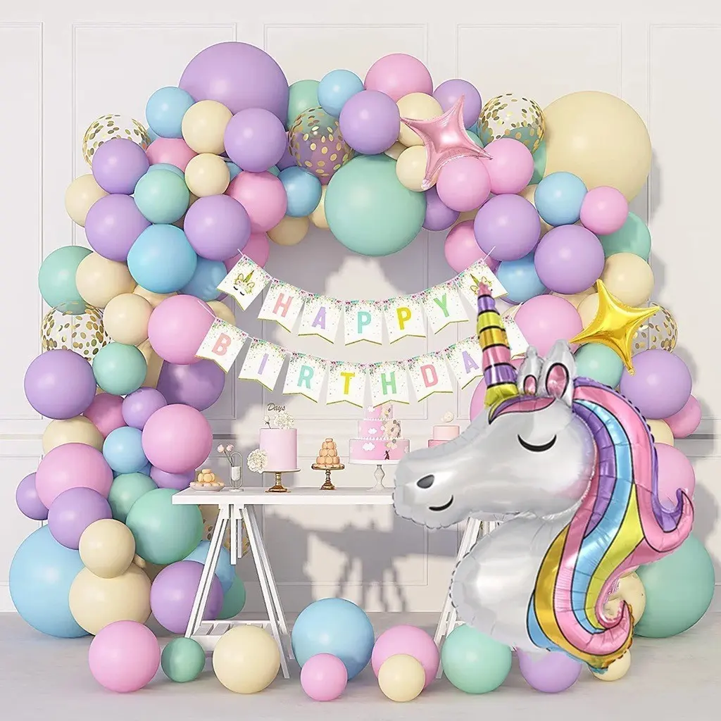 Set Balon Macaron Unicorn Perlengkapan Karangan Bunga Pesta Ulang Tahun Dekorasi Selamat Ulang Tahun Karangan Bunga Anak-anak Latex Balon Garland Dekor Wisuda Pernikahan