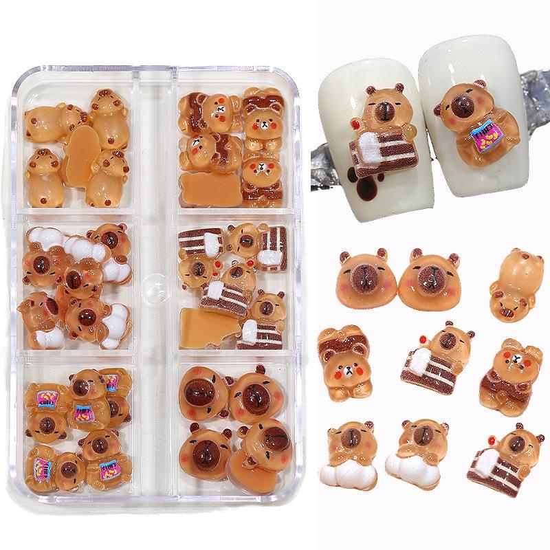 Product Introduction of Internet Celebrity Nail Ornament Wholesale Cute Capabala Brown Bear Doll Cartoon Resin Mixed Nail Crystal Decoration 0
