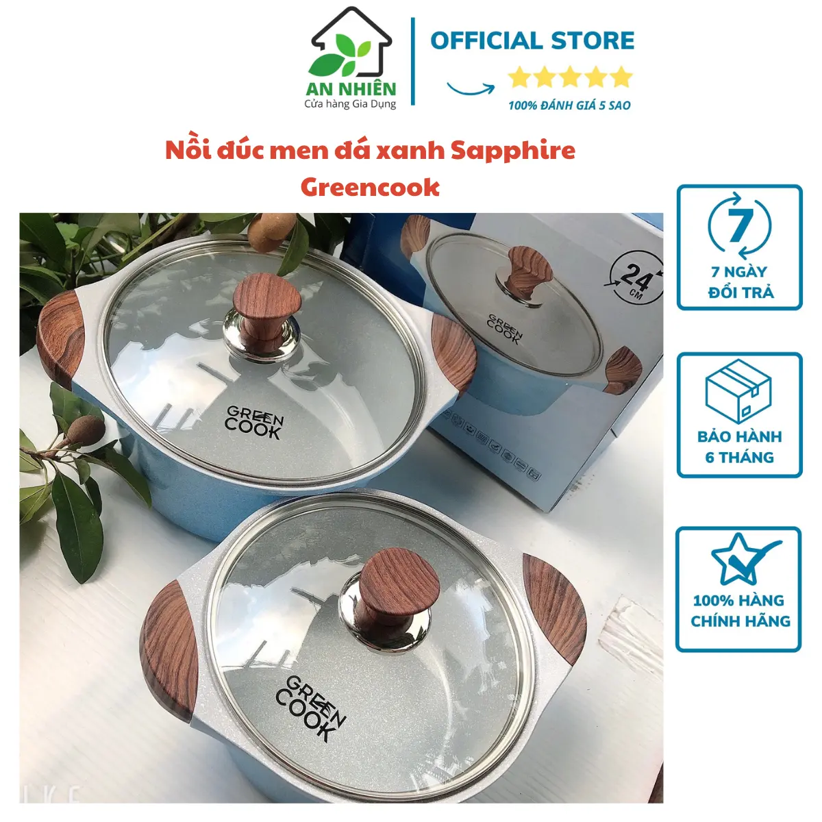 Nồi đúc men đá xanh Sapphire Greencook GCS09 size 20/24cm, sử dụng được bếp ga, bếp hồng ngoại, bếp từ