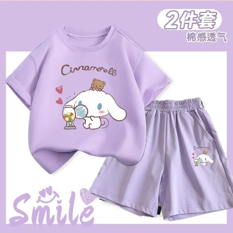 Bộ Đồ Mùa Hè Cho Bé Gái, Quần Đùi ngắn Tay, Áo Phông Tay Lửng Cinnamoroll, Bộ Hai Mảnh, Thích Hợp Cho Trẻ Lớn Hơn, Bộ Mỏng