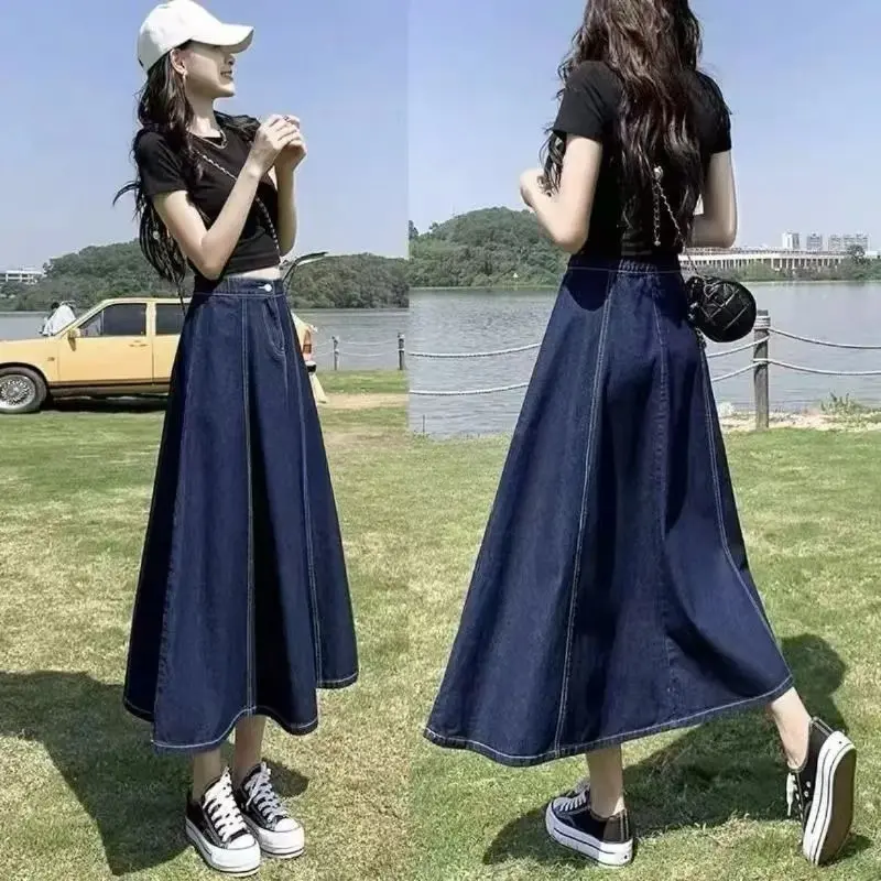Women's Stretchy High-Waist A-Line Denim Midi Skirt with Pockets - Casual Maxi Jean Skirt, Non-See-Through, Solid Color Lingerie Bottom Womenswear Comfort