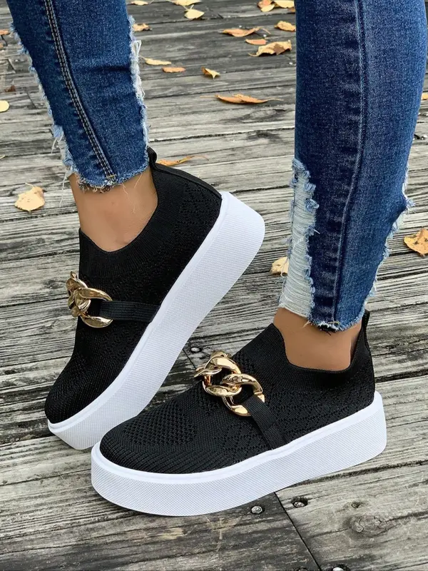 Women's Fashionable Chain Decorated Platform Sneakers, Casual Comfortable Sports Shoes for Daily Wear, Female All-match Round Toe Shoes for Daily Wear 6