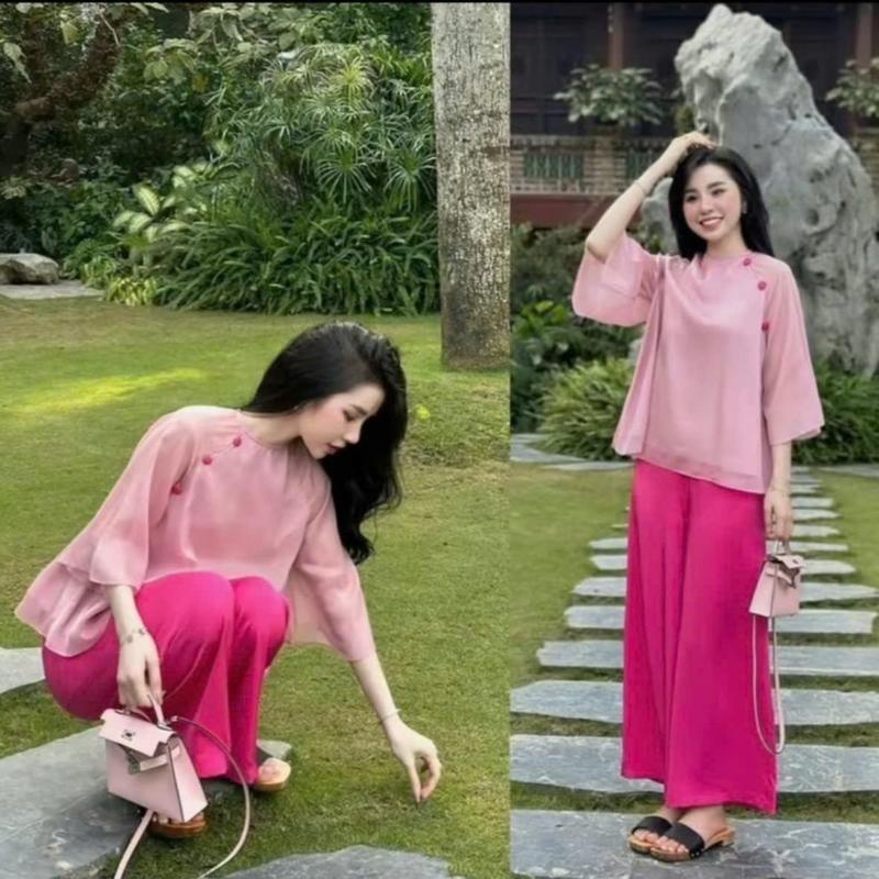  Tiany AD01: SET CÁCH TÂN Áo tơ ánh tằm đính nút tay lỡ + quần lụa hàn ống rộng mặc Tết đi chùa lễ hội chất liệu cao cấp thiết kế hiện đại phong cách thanh lịch và sang trọng 