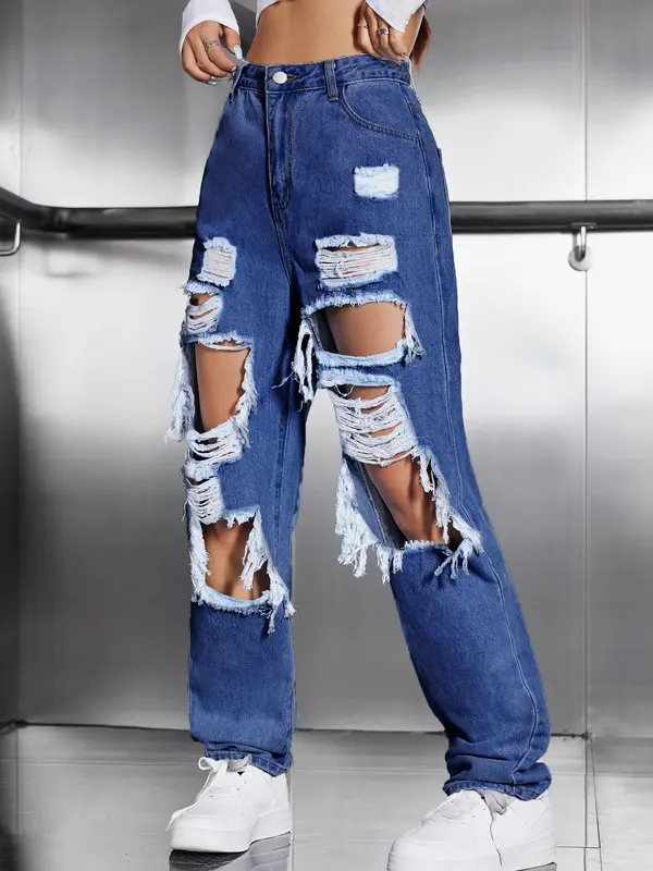 Women's High Waist Ripped Jeans, Fashion Casual Loose Fit Distressed Straight Leg Denim Pants, Destroyed Hole Jeans, Lady Bottoms for Daily Wear Streetwear, Women Jeans, Womenswear, Baggy Jeans 3