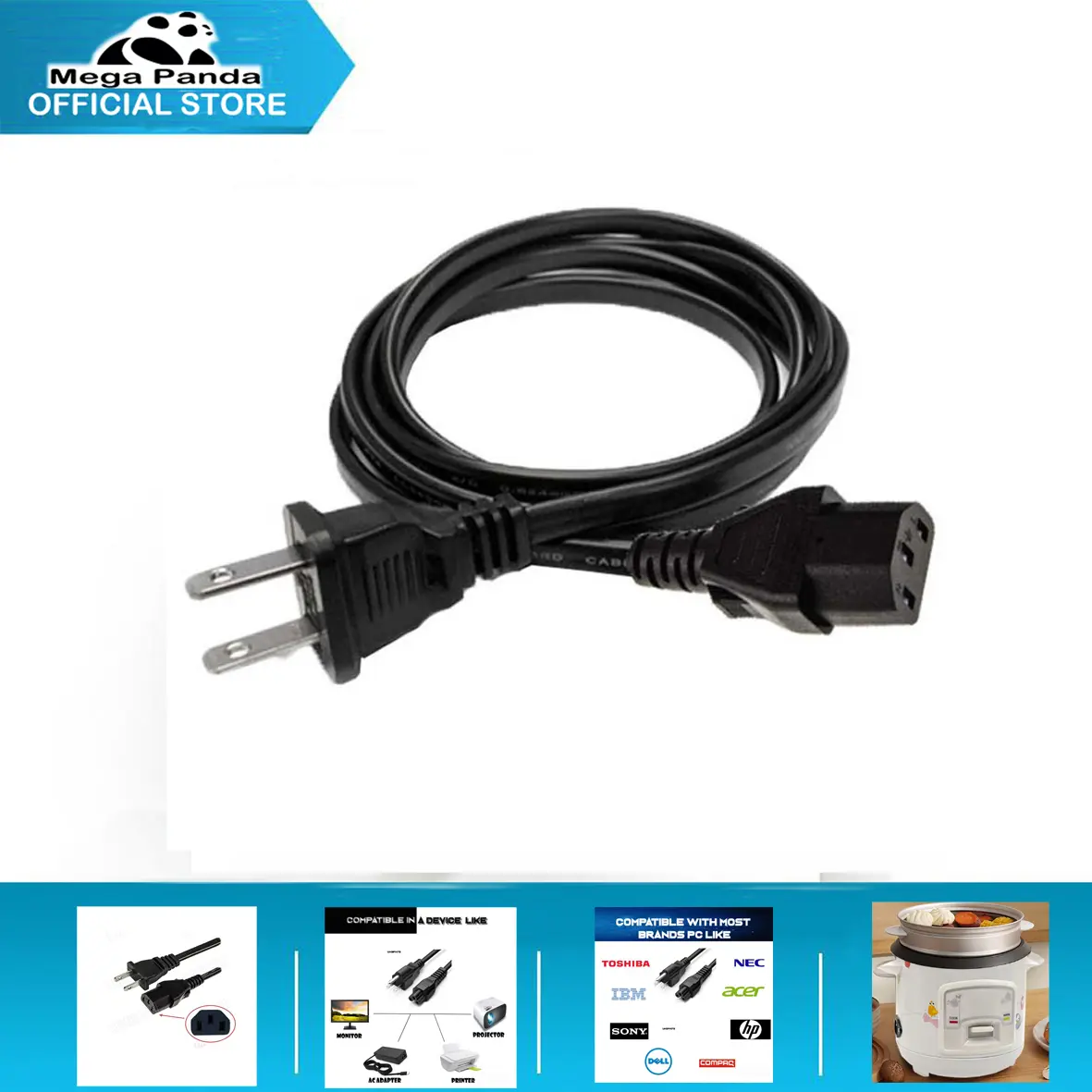 Mega Panda AC Power Cord 2 Pin Plug Power Cable Rice Cooker Cord COD