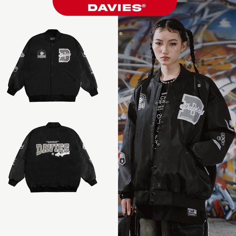 Áo varsity jacket nam nữ dù DAVIES logo thêu dù nổi, thêu da nổi, tay phối da màu đen Varsity Jacket Academy | D34-AK4