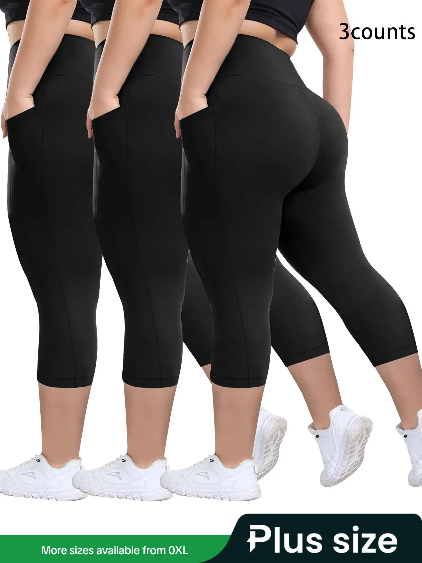 Plus Size Plain Pocket High Waist Capris Leggings, Casual Comfy Breathable Skinny Capri Pants for Daily Wear, Women's Plus Bottoms for Summer, Workout Clothes, Leggings for Women, Gym Leggings