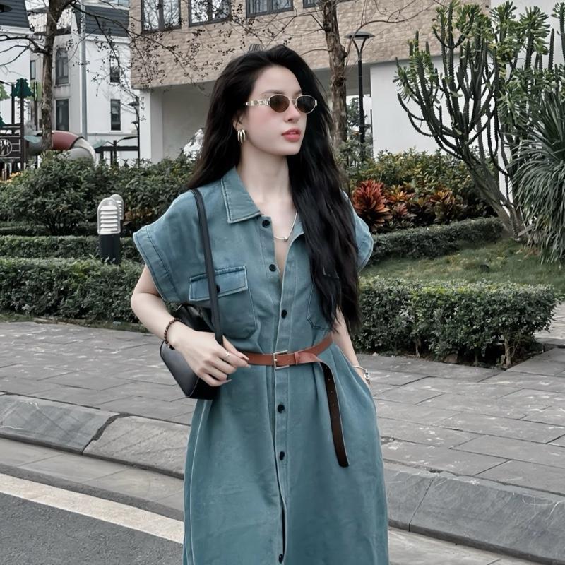 VÁY BÒ 2 TÚI CÀI NÚT FOM DÀI TAY CỘC KÈM ĐAI V06 3