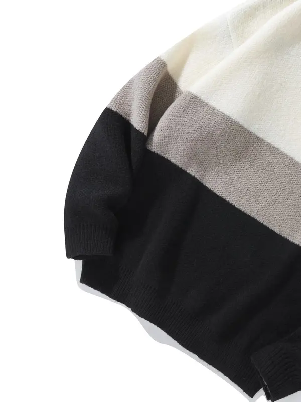 Unisex Men's Loose Colorblock Striped Print Drop Shoulder Crew Neck Sweater, Casual Long Sleeve Round Neck Jumper Tops for Fall & Winter, Menswear 7