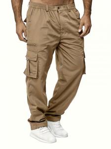 Men's Solid Multi-pocket Elastic Waist Sports Cargo Pants, Regular Fit Sporty Pocket Trousers for Outdoor Activities, Men's Bottoms, Traveling Pants