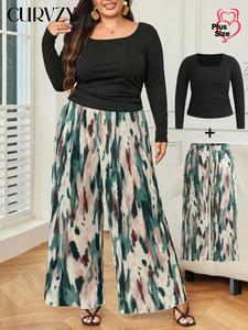 CURVZY Plus Size Outfits Two-Piece Set Solid Scoop Neck Ruched Tee & Tie Dye Pleated Pants, Elegant Long Sleeve Top & Pocket Trousers for Daily Wear, Women's Two-piece Outfits for All Seasons