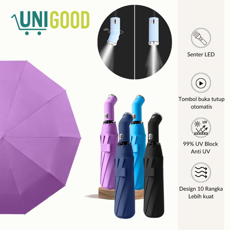 UNIGOOD - Payung Lipat Otomatis Buka Tutup Anti UV Dengan Senter LED + Sarung 1