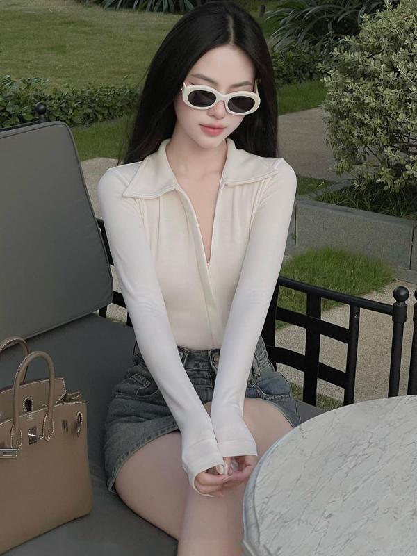 Áo bodysuit Nữ kéo khoá cúc bấm. Áo bodysuit cổ bẻ khoá kéo sang chảnh A1 Casual Bodysuits Top Women thun 5